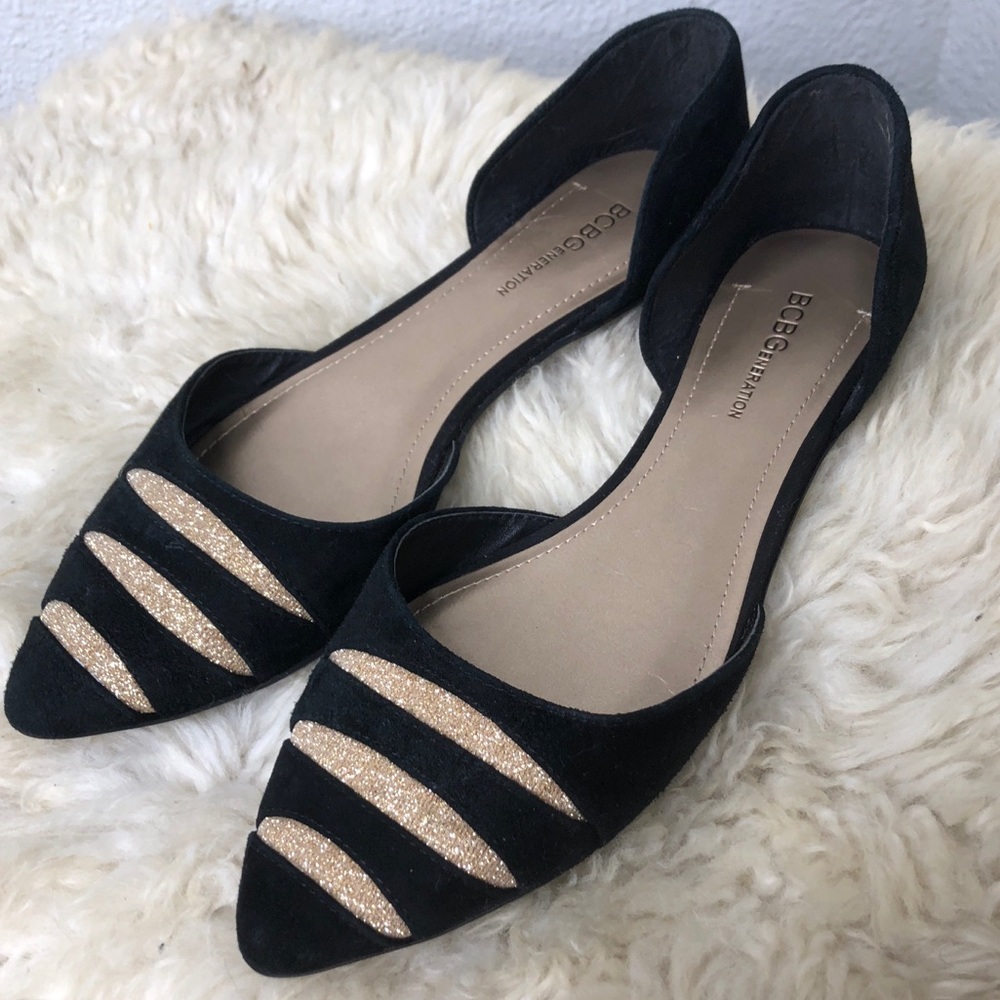 BCBG Suede Flats Black and Gold Size 8